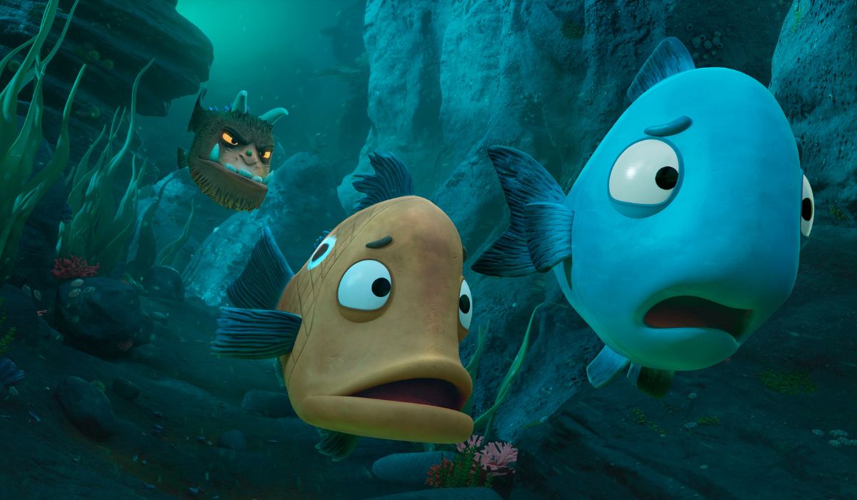 Tiddler (Reuben Kirby) and Johnny Dory (Theo Fraser) swim away from the approaching Gruffalo Fish