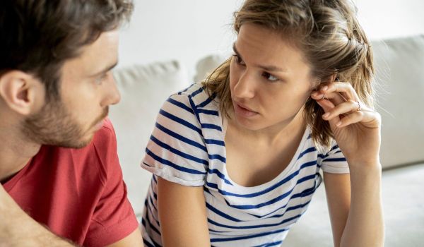 Woman and man talking