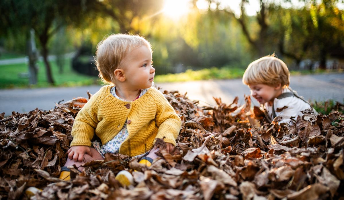 Babies playing in leaves in Autumn