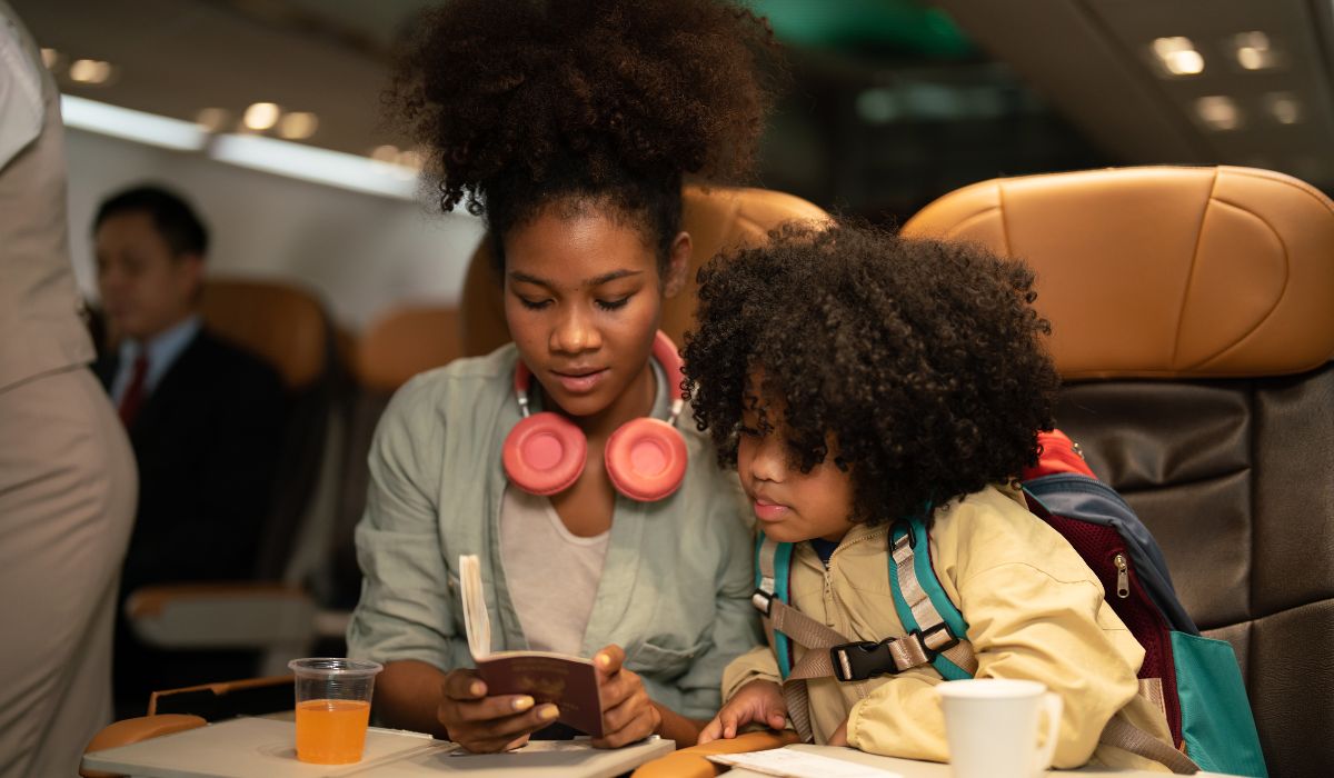 Mother and daughter on plane