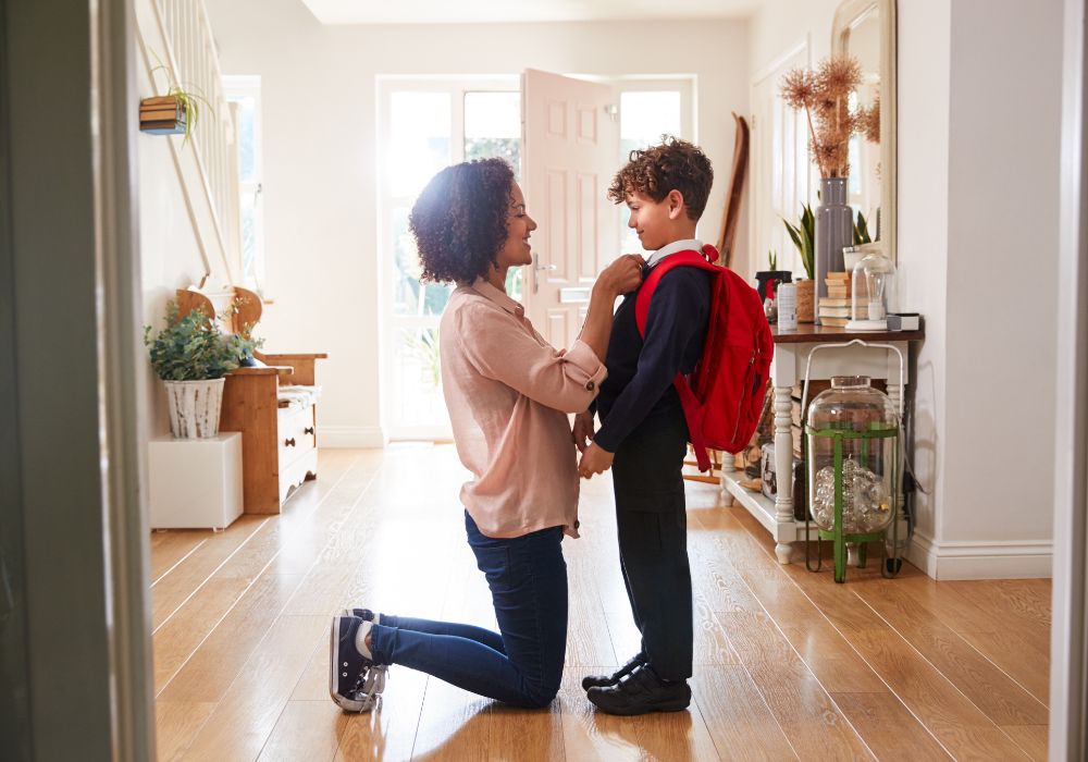 Woman and son going to school