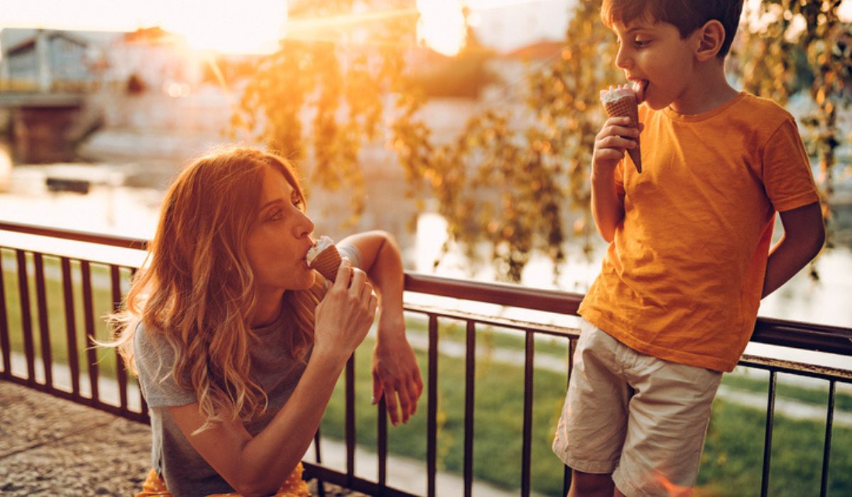 Mum and son eating ice cream.