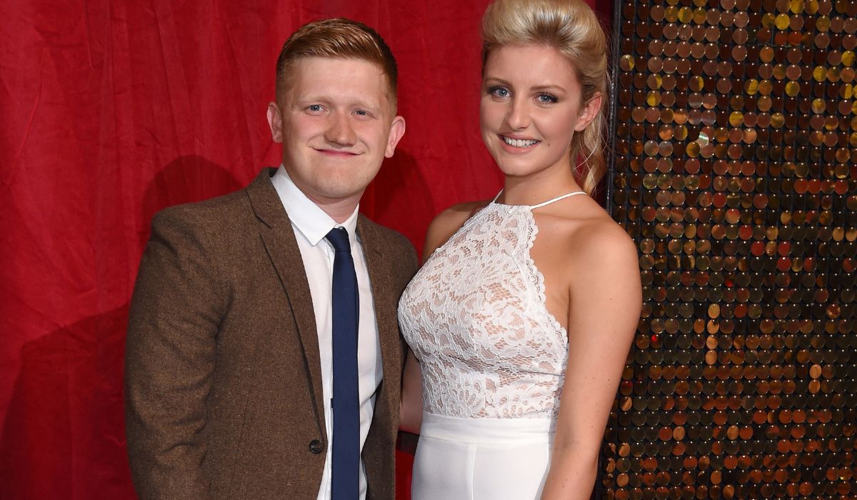 Sam Aston and Briony Gardner arrive for the British Soap Awards 2016 at the Hackney Town Hall Assembly Rooms on May 28, 2016 in London, England.
