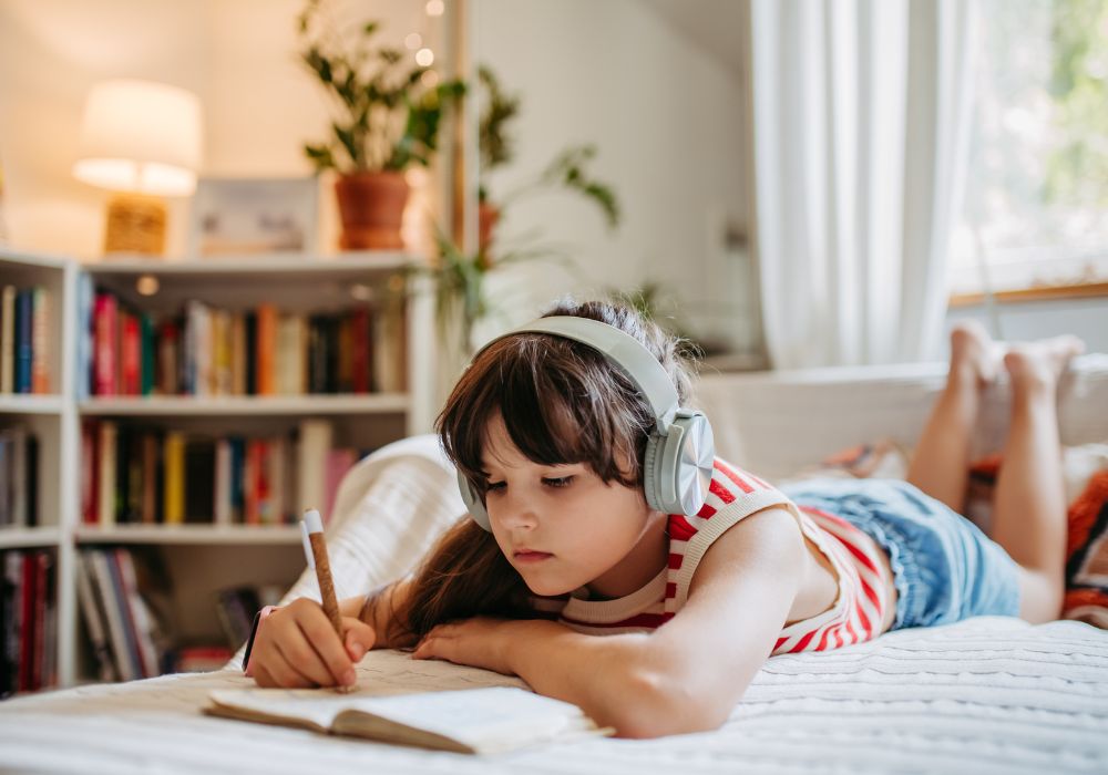 Tween girl lying on a bed writing in journal