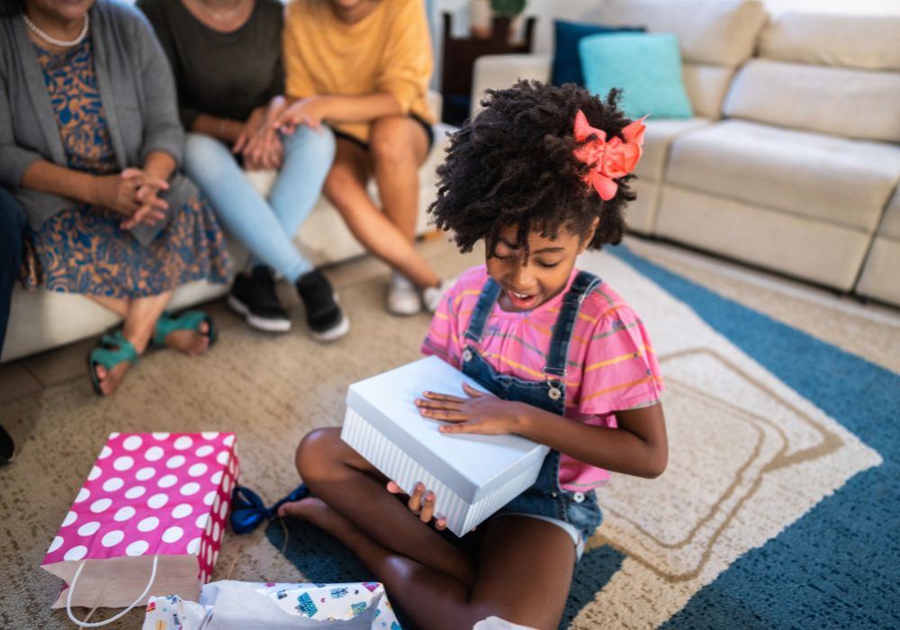 Child opening birthday gifts