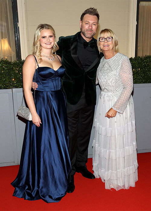 Brian McFadden with his daughter Lilly and mother Mairead celebrating 60 years of the Billie Barry Stage School at the Mansion House, Dublin. Pic: Brian McEvoy