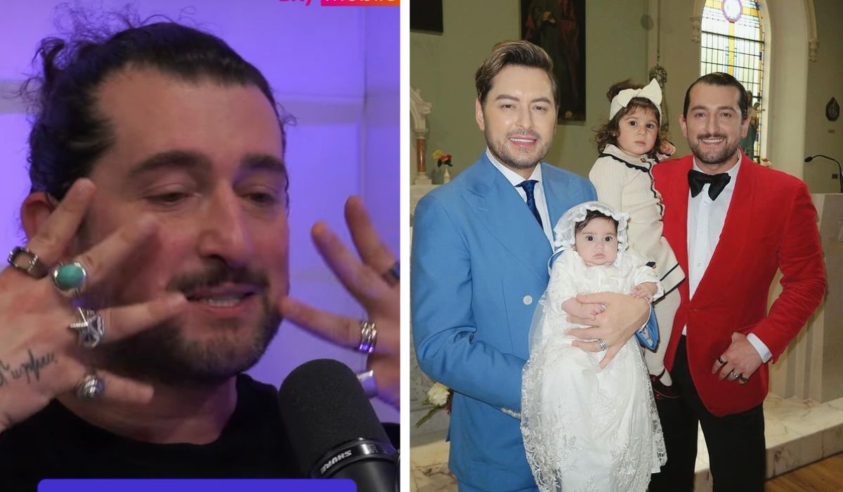 Arthur Gourounlian on Carl Mullen's podcast and with his family, husband Brian Dowling and daughters Blu and Blake