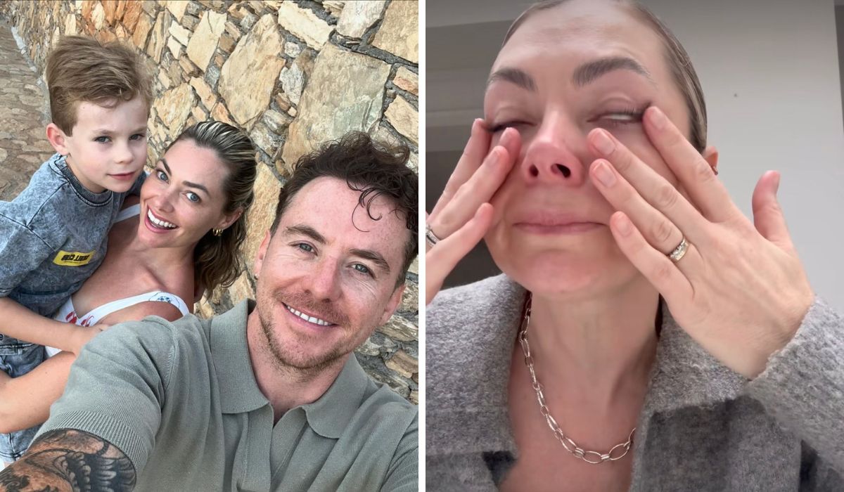 Georgia Jones crying on camera and smiling with her husband Danny from McFly and son Cooper