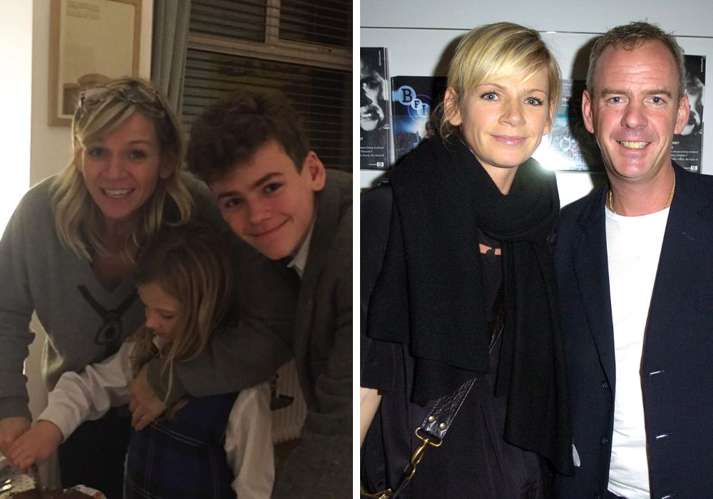 Zoe Ball hugging her daughter Nelly while her son Woody smiles. Zoe Ball posing on the red carpet with her ex-husband Normal Cook