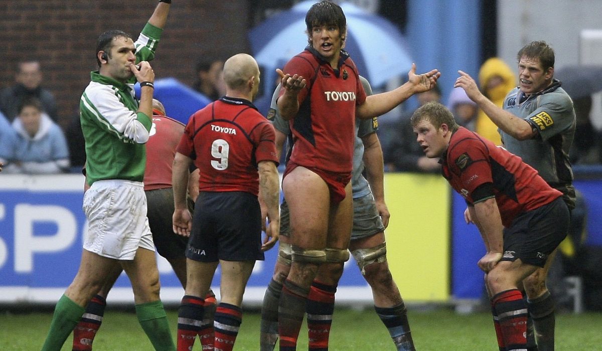 Donnacha O'Callaghan of Munster is sent to the sidelines to put on some shorts after the forward decided to play on in only his underpants during the Heineken Cup Group 4 Match between Cardiff Blues and Munster at Cardiff Arms Park on December 10, 2006 in Cardiff, Wales