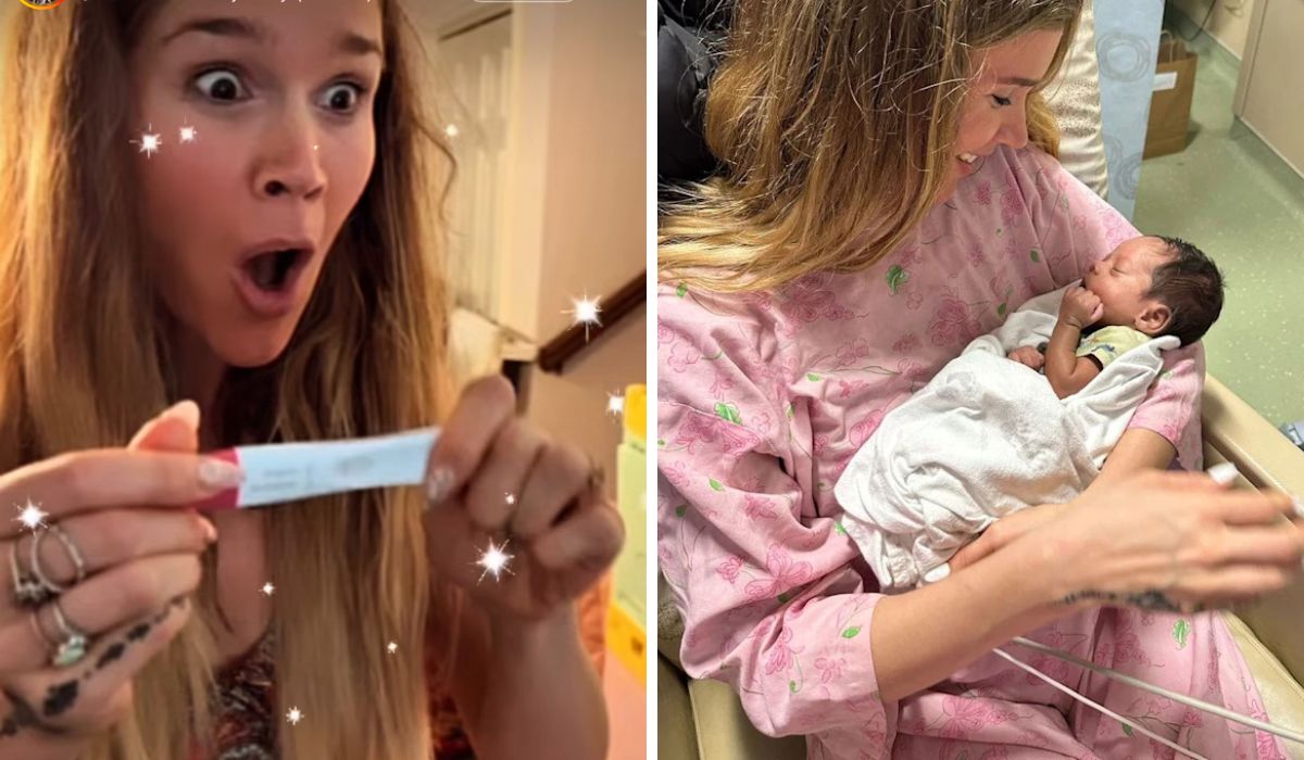 Joss Stone with a pregnancy kit and holding her newborn son Bear