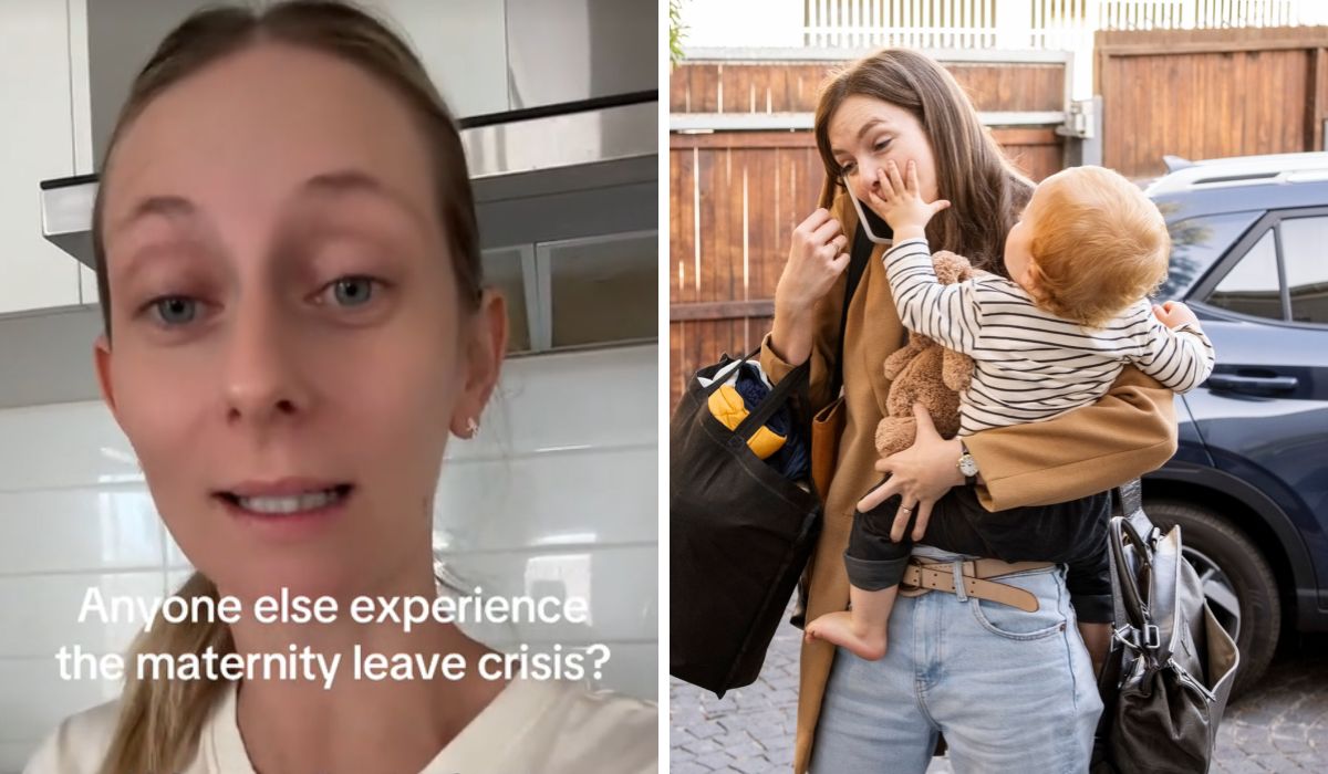 Mum talking about maternity leave crisis and another mum holding her son while on the phone to work