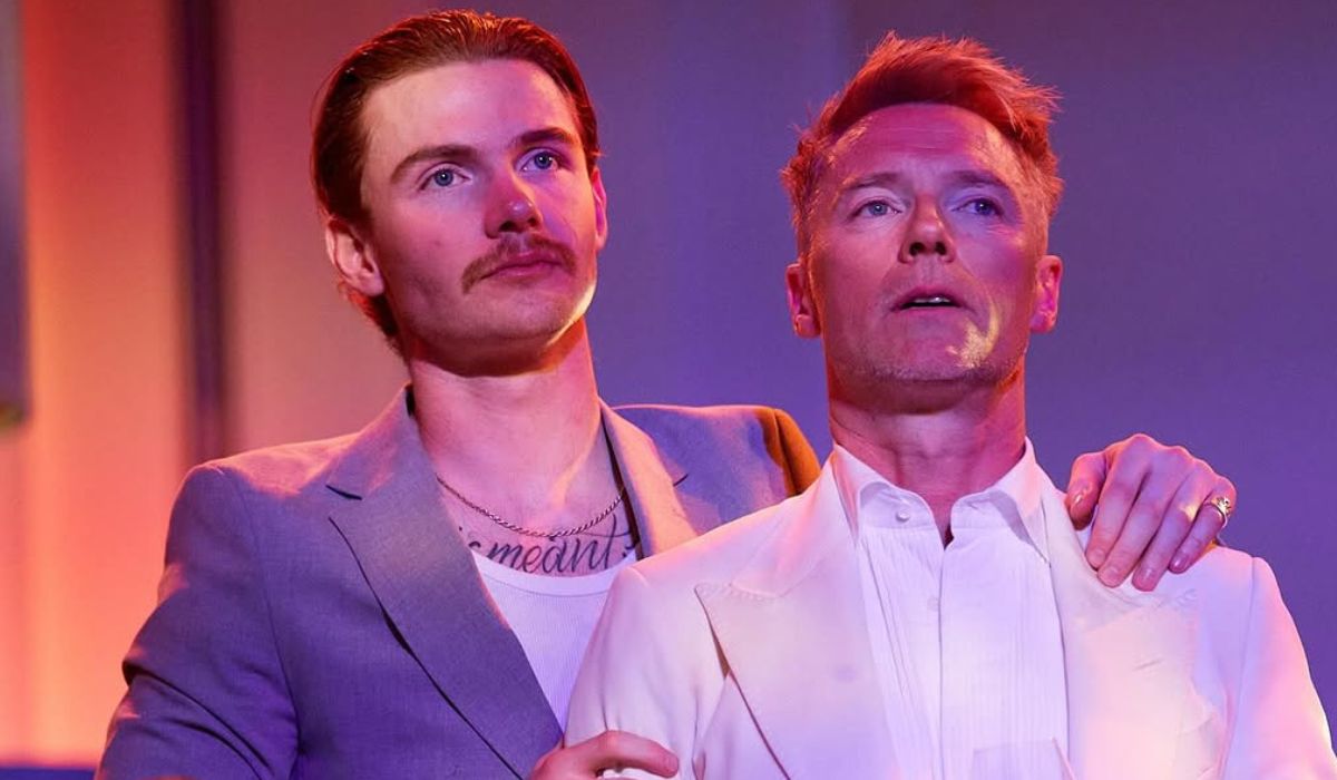 Jack Keating with his hand on his dad Ronan Keating's shoulder