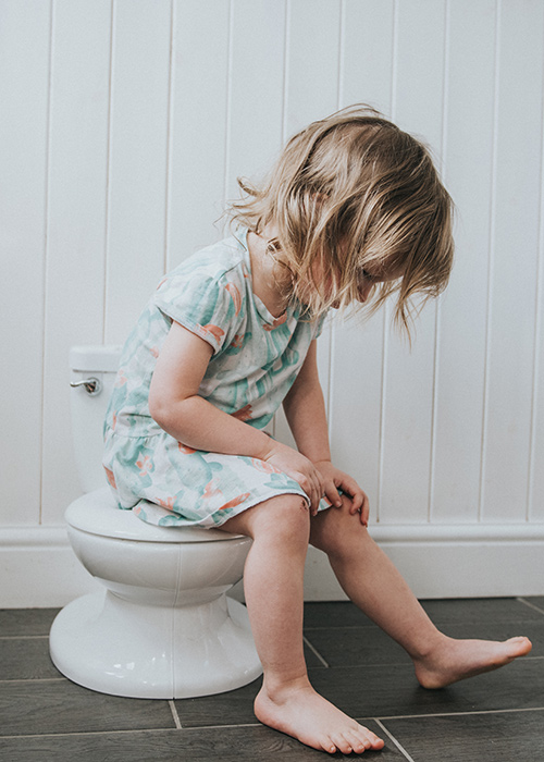 Cute little girl, potty training on tiny toilet