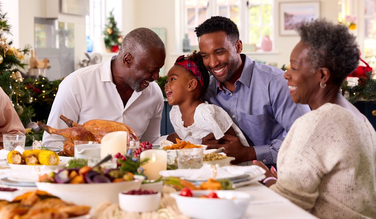 Happy family having Christmas dinner