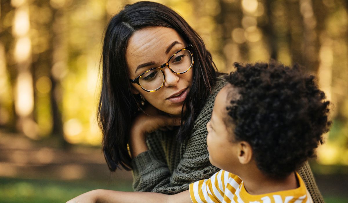 Mother talking to son