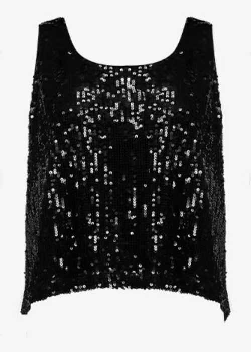 Black sequinned tank top (€20). Pic: Tesco