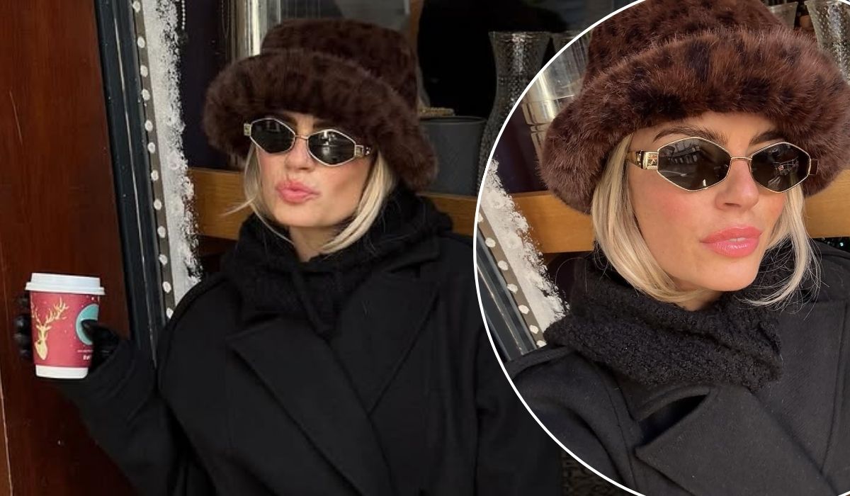Lauren Arthurs wearing a furry leopard print hat