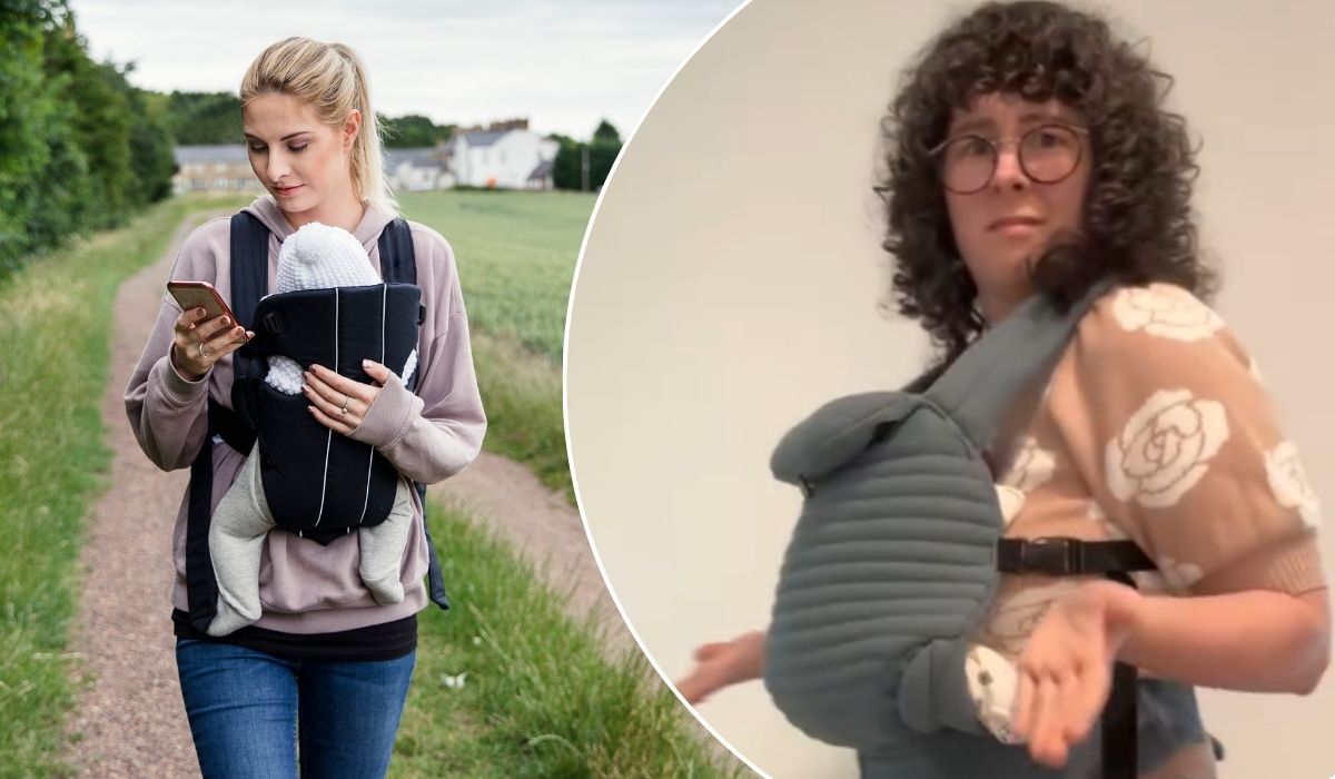 Woman baby wearing and an occupational therapist explaining why it's not safe