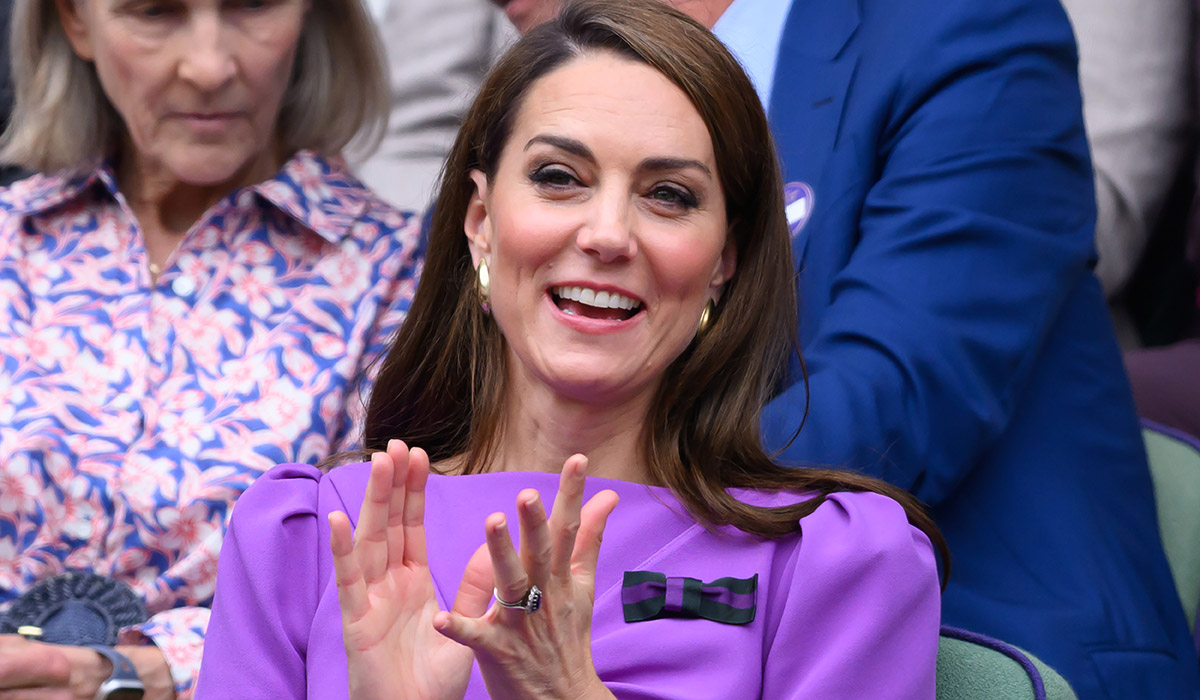 Catherine, Princess of Wales court-side of Centre Court during the men's final on day fourteen of the Wimbledon Tennis Championships at the All England Lawn Tennis and Croquet Club on July 14, 2024 in London, England. (Photo by Karwai Tang/WireImage)
