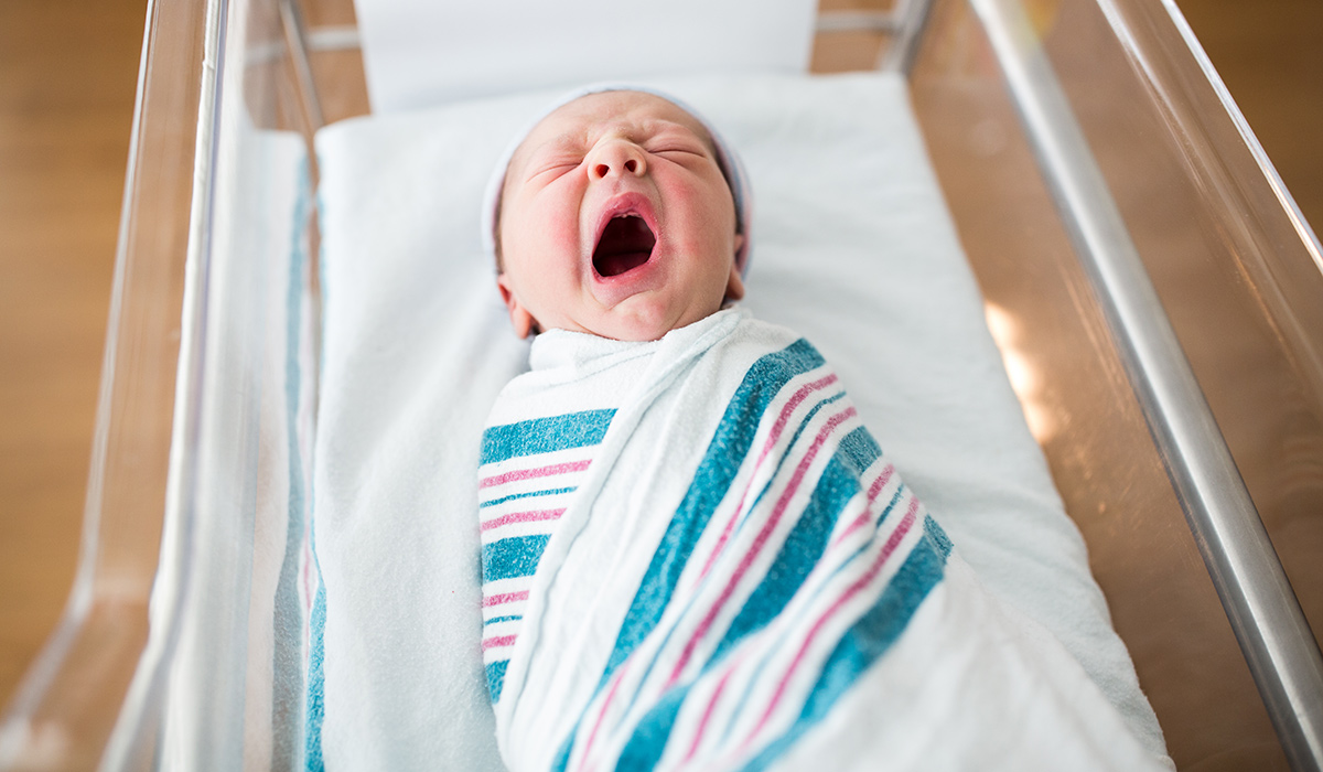 A one-day-old newborn infant yawns in its crib in the hospital.