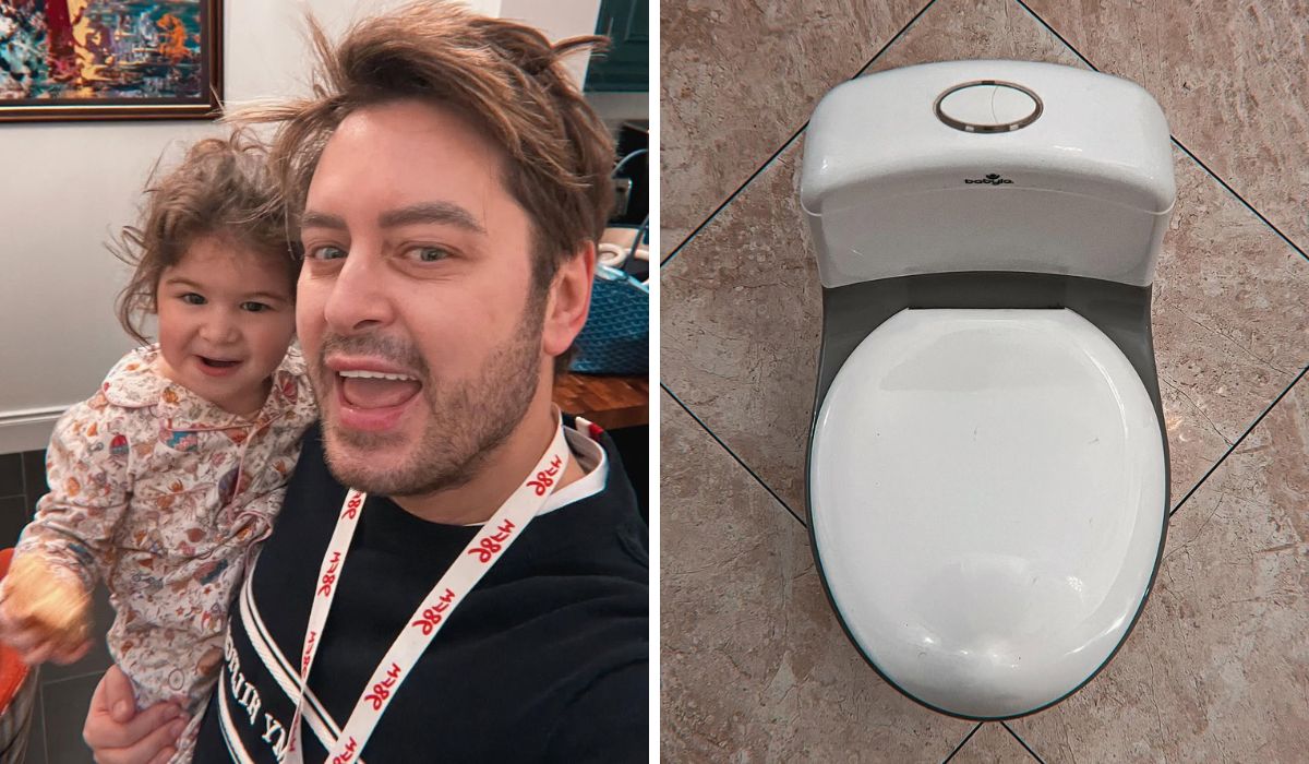 Brian Dowling holding daughter Blake and a potty
