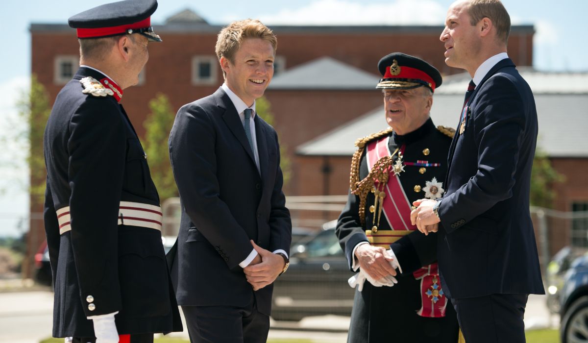 rince William, Duke of Cambridge (R) is greeted by General Timothy Granville-Chapman (2R), Hugh Grosvenor, the Duke of Westminster (2L) and John Peace (L) during the official handover to the nation of the newly built Defence and National Rehabilitation Centre. PIC: Getty Images