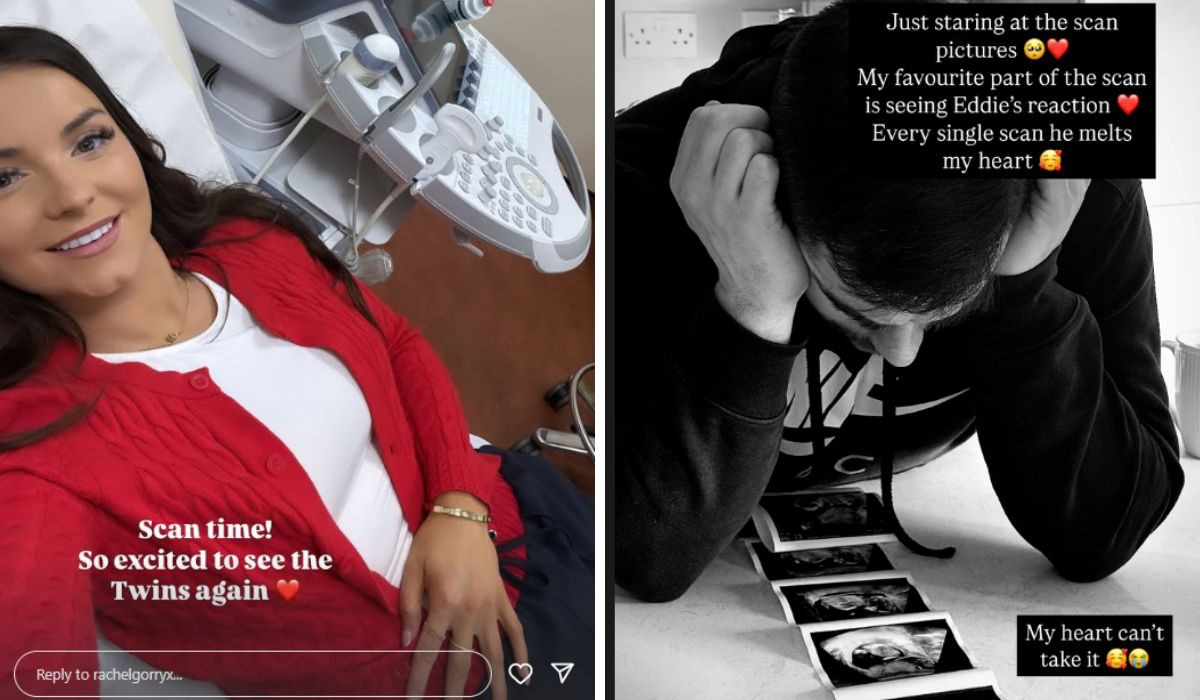 Rachel Gorry and her partner looking at their twins' scan photos