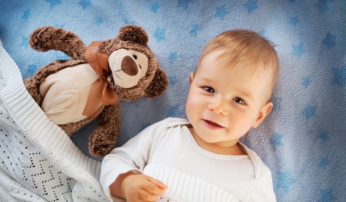 Baby boy in his cit with his teddy bear