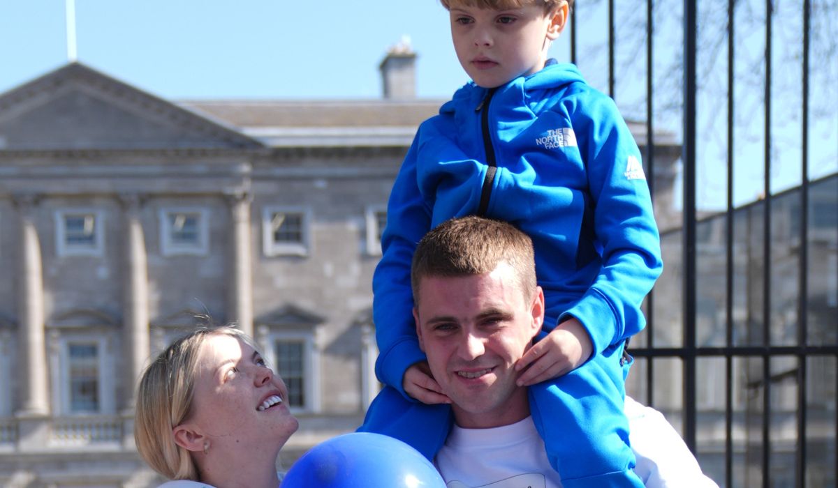 Jasmine Graham and Adam Rock with their son Lewis Rock, six, join parents of children with additional needs who cannot find a school placement during a protest outside Leinster House in Dublin. Picture date: Wednesday April 2, 2025. Pic: Brian Lawless/PA Wire