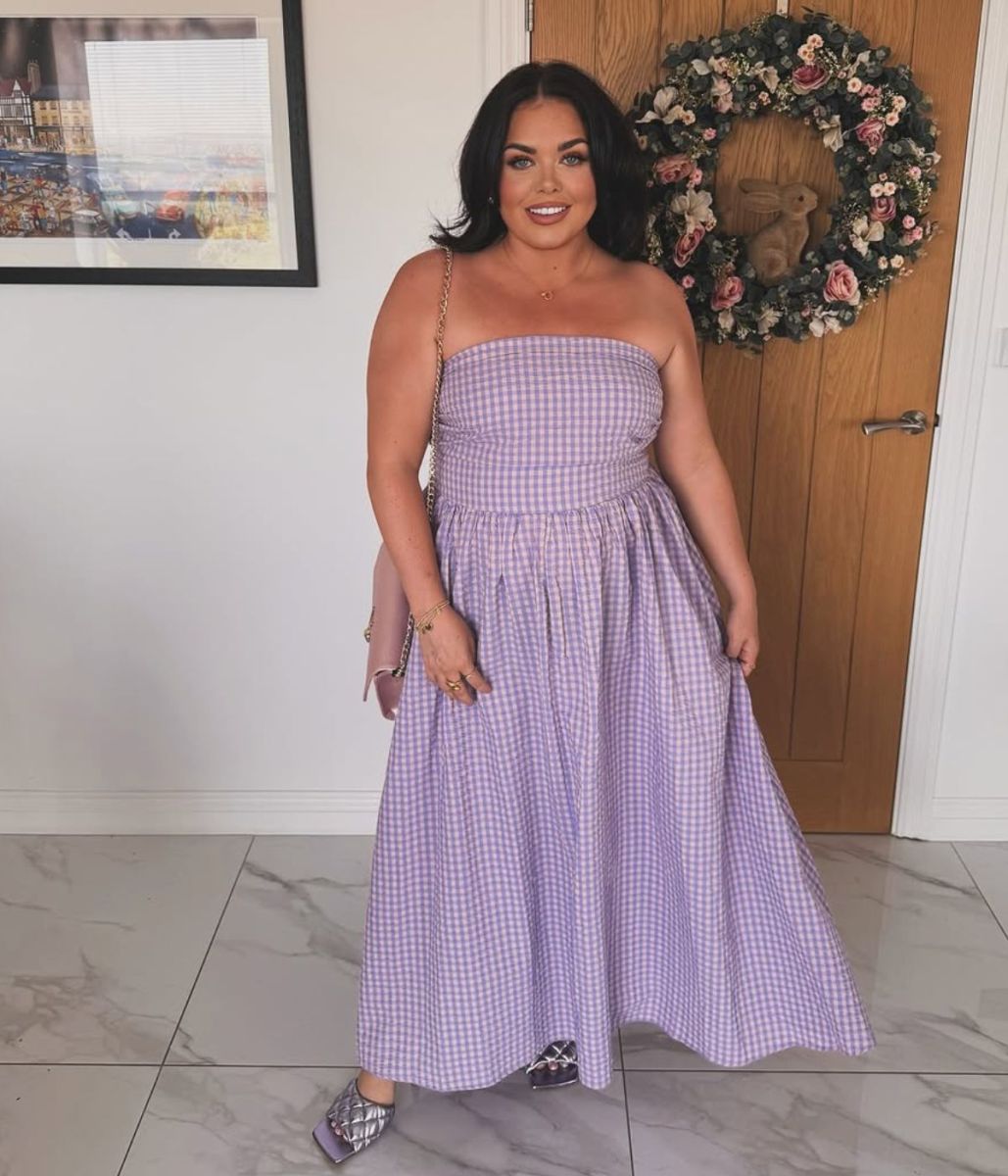 Scarlett Moffatt in Next Pink/Purple Seersucker Bandeau Midi Summer Dress