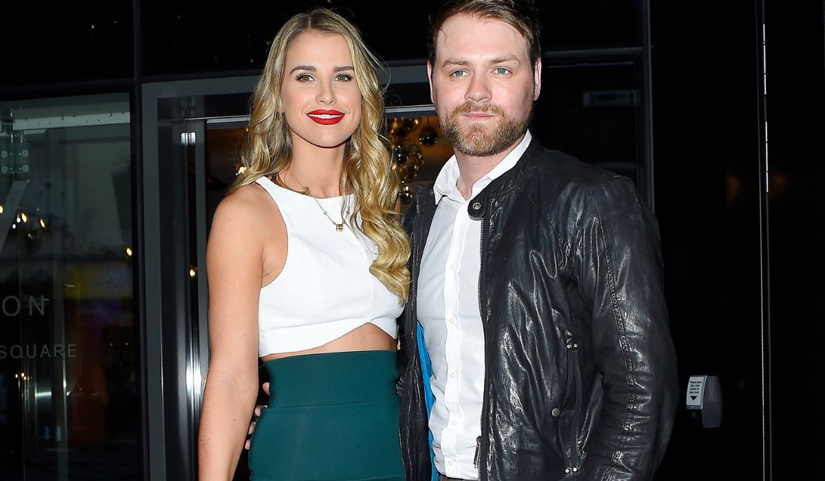 Vogue Williams and Brian McFadden arrive at The M&M Store in London on April 14, 2015 in London, England.