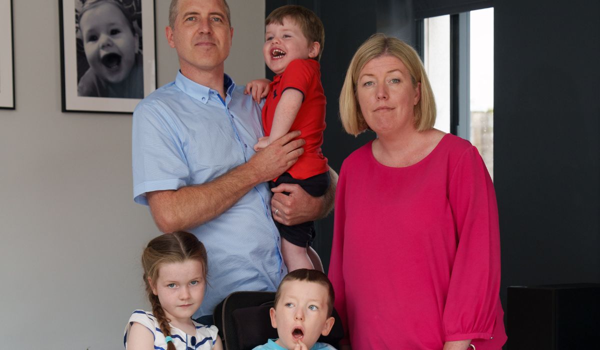 iz McMahon and David Ryan with their daughter Vivienne (7), and sons Luke (4) and Seán (2), who have Spinal Muscular Atrophy (SMA). Pic: Fran Veale/Julien Behal Photography
