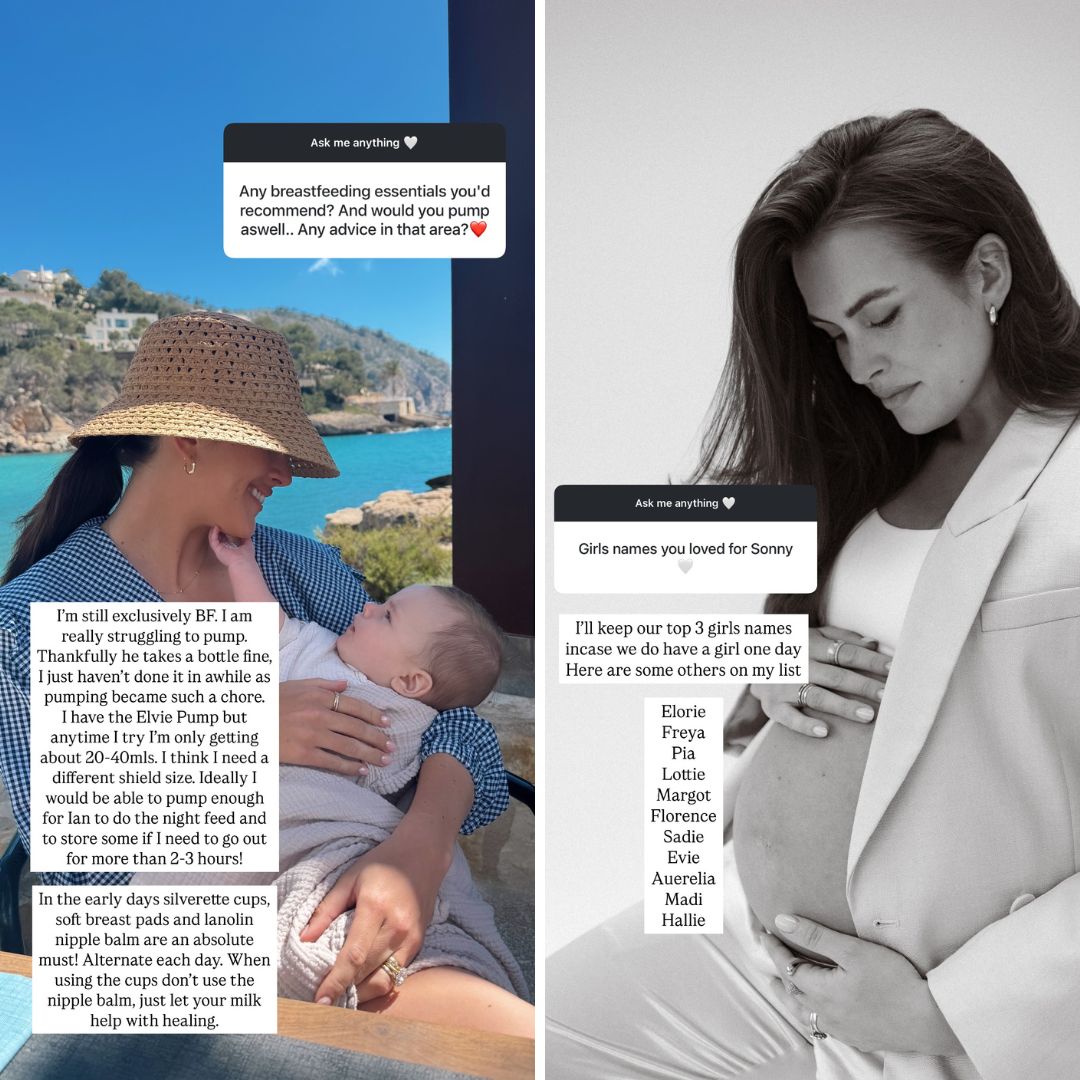 Anna Madigan looking at her baby bump and looking at her son Sonny