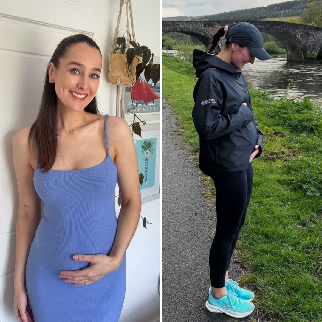Rachel Purcell in a purple dress and Rachel Purcell posing with her hand on her baby bump