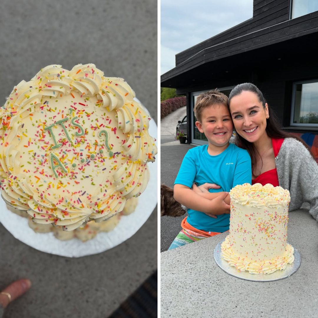 Gender reveal cake and Rachel Purcell and her nephew sitting in front of a cake