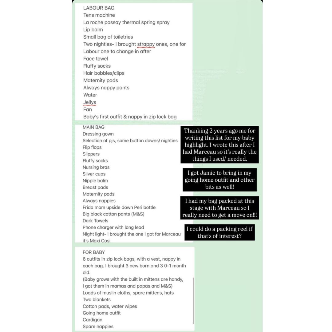 Clémentine MacNeice hospital bag checklist
