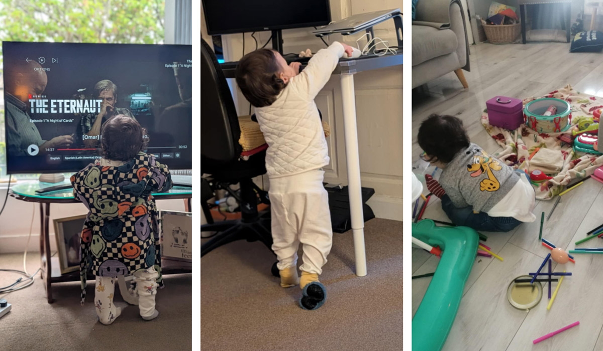 Toddler at the TV, laptop and playing with toys