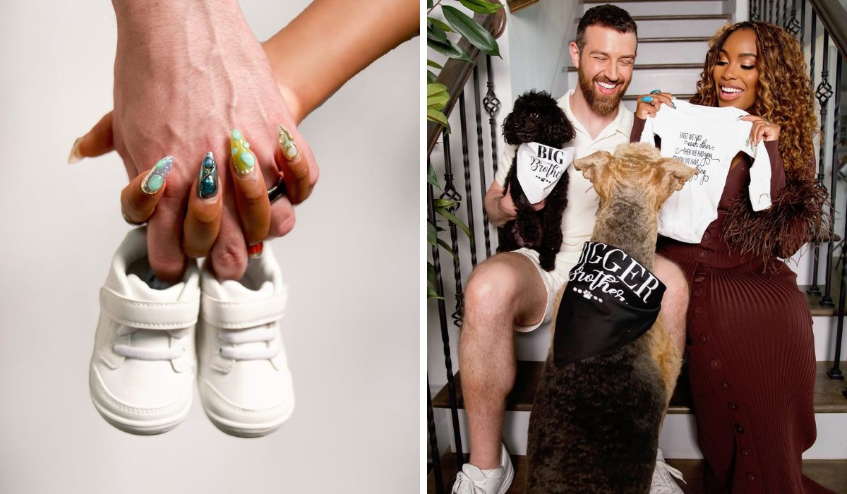  Lauren Speed and Cameron Hamilton baby announcement with baby shoes and their dogs