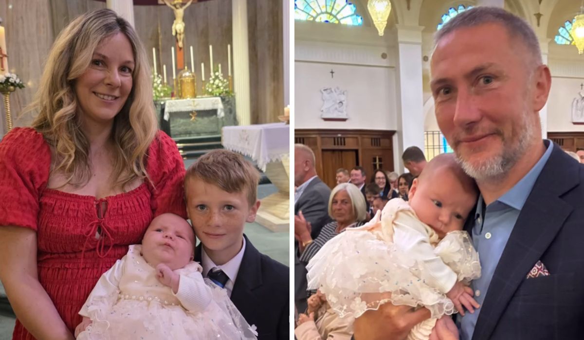 Marie Crowe and her husband with their newborn daughter and son Davie on his communion day