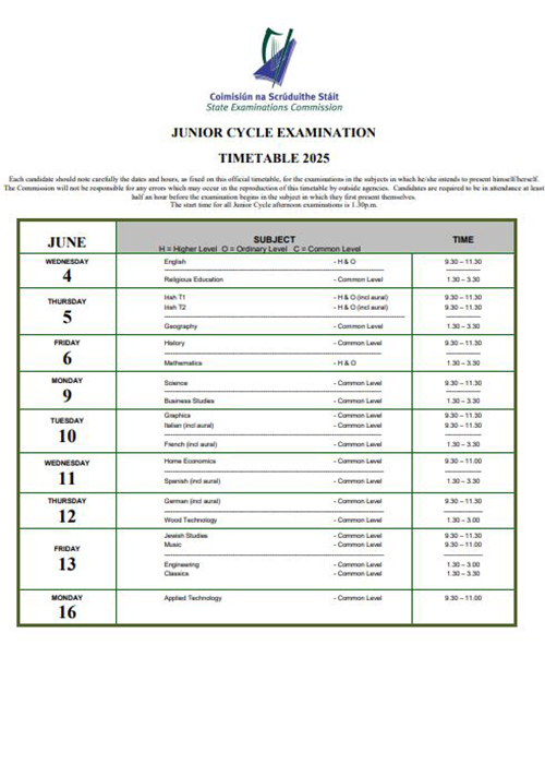 Junior Cert Timetable 2025. Pic: State Examinations Commission