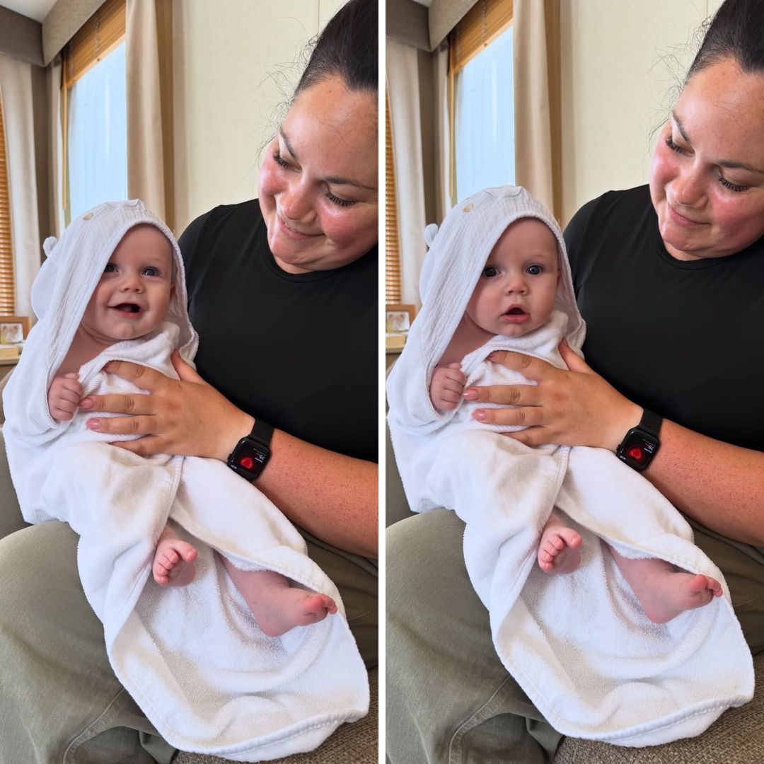 Grace Mongey with son Kasen after his bath
