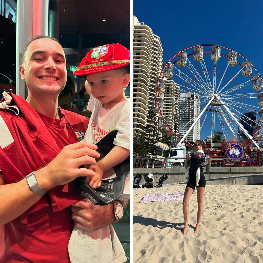 James and Arni Lowe with their kids on the Gold Coast