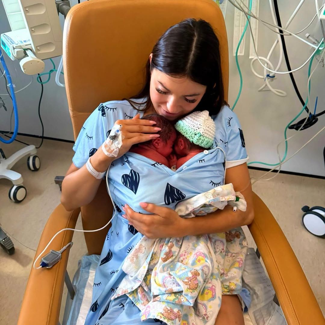 Rachel Gorry holding her newborn twins
