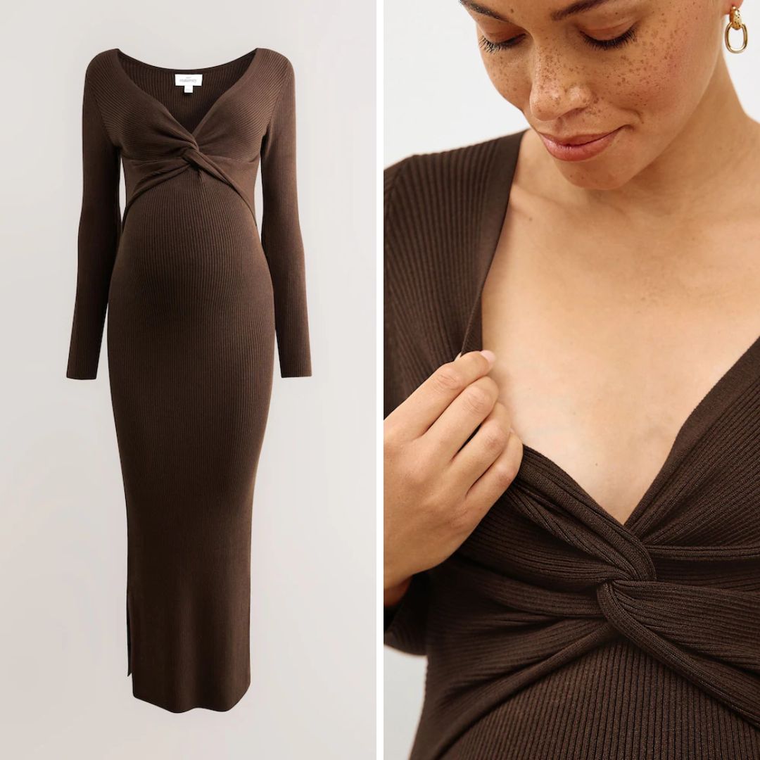 Images of Chocolate Brown Maternity Twist Front Knit Dress