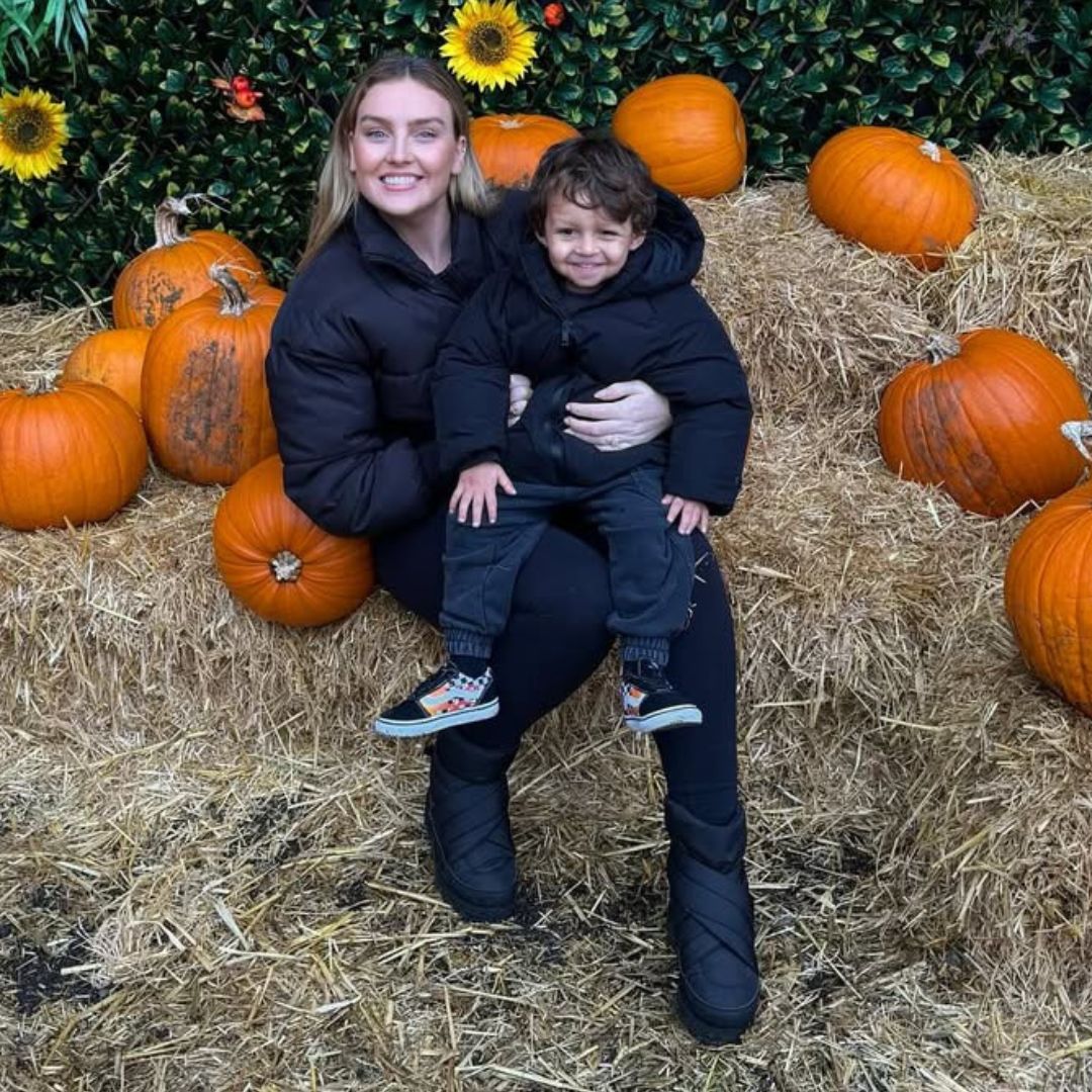 Perrie Edwards and her son Axel at a pumpkin patch