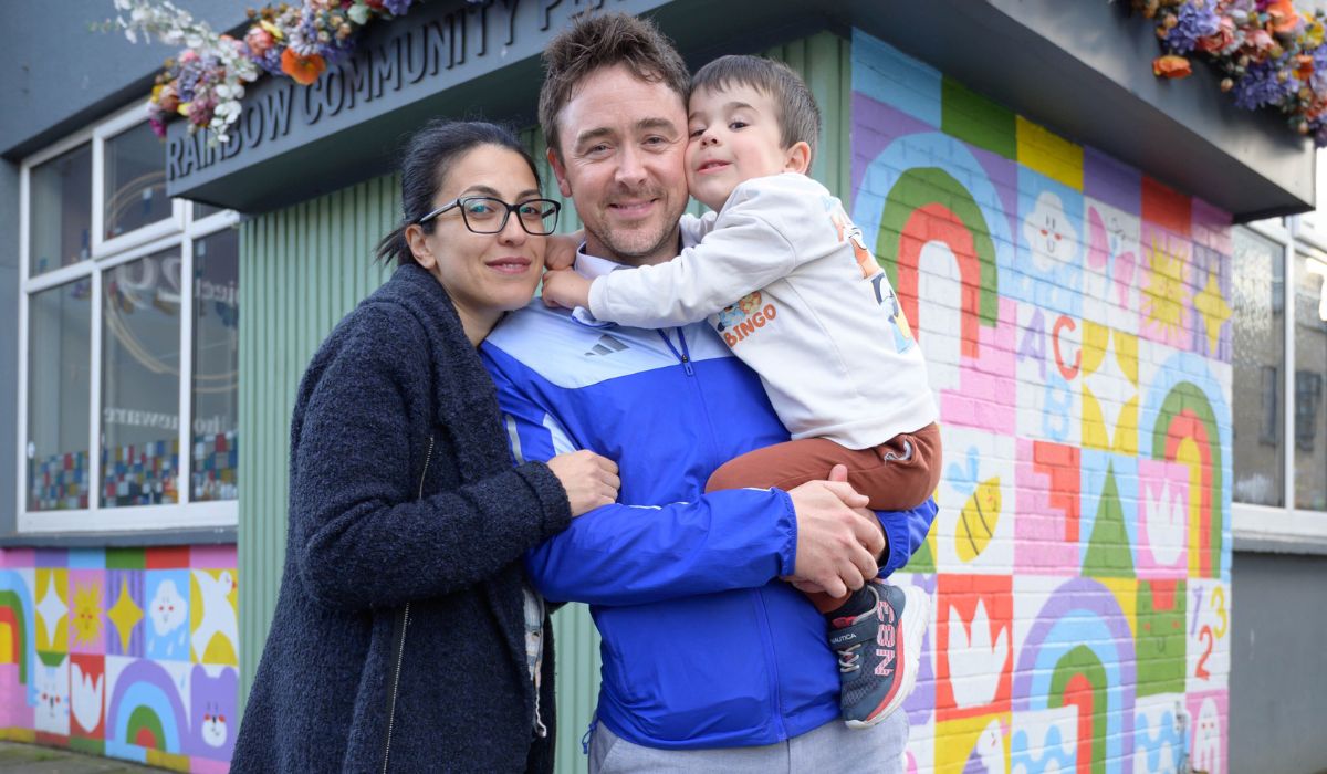 The Sheerin family Mam and Dad Vittoria and Mark Sheerin with their son Aran Lorenzo Sheerin 3.5yrs outside the Rainbow Community Playgroup on Manor Street, Stoneybatter Dublin