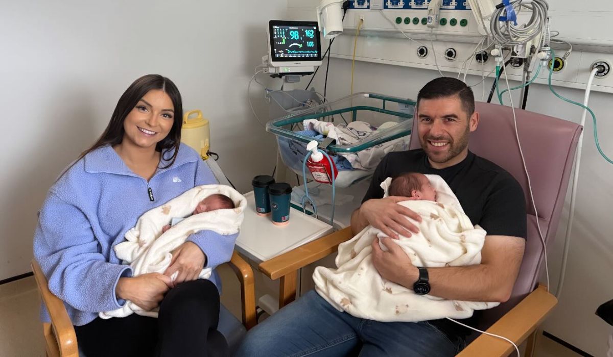 Rachel Gorry, her partner Eddie and their twins in the NICU