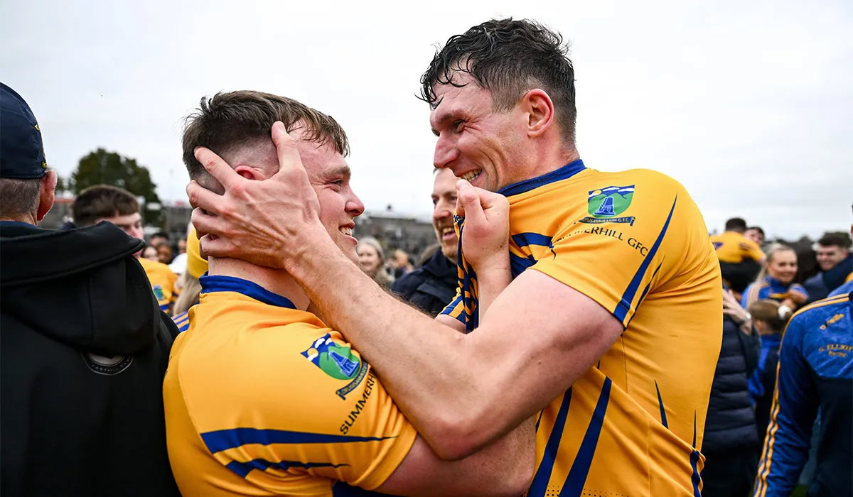 Adam Flanagan, right, and Adam McDonnell of Summerhill celebrate after the Meath County Senior Club Football Championship final match between Ratoath and Summerhill at Páirc Tailteann in Navan, Meath. Pic: Ben McShane/Sportsfile