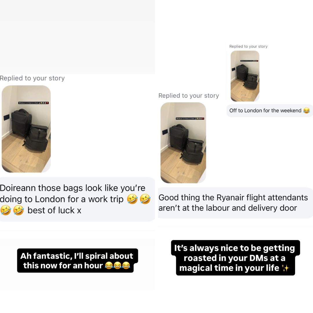 Doireann Garrihy being roasted over her hospital bags